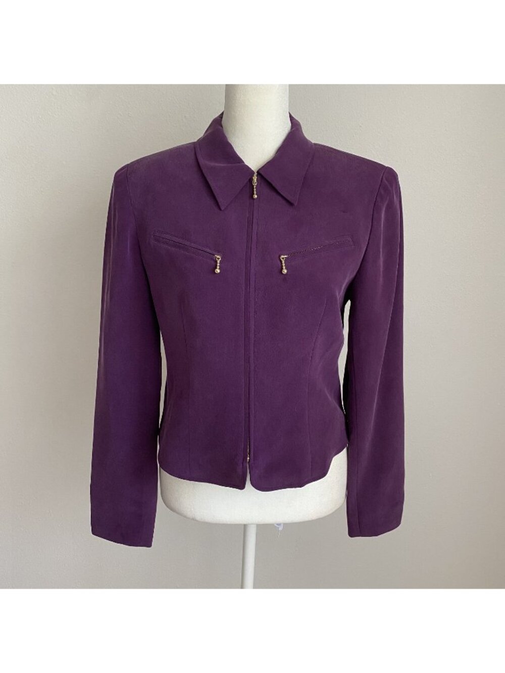 VTG 90s Petite Sophisticate Womens 4 Purple 100% Silk Zip Up Jacket Short Suede